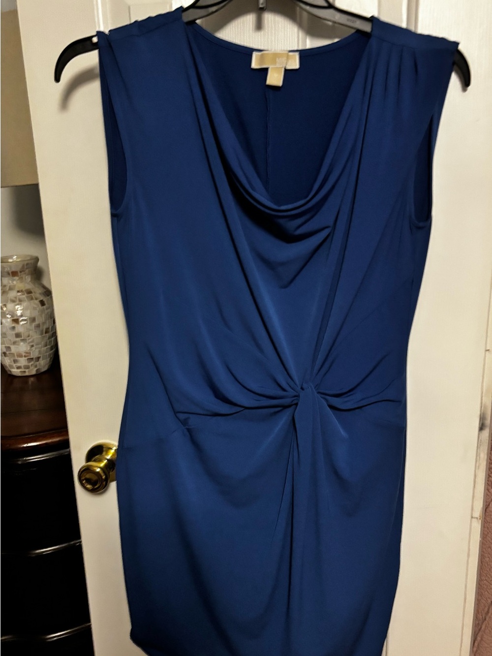 MK Sleeveless Cowl-Neck Midi Dress with Front Knot in a Jewel Tone Blue